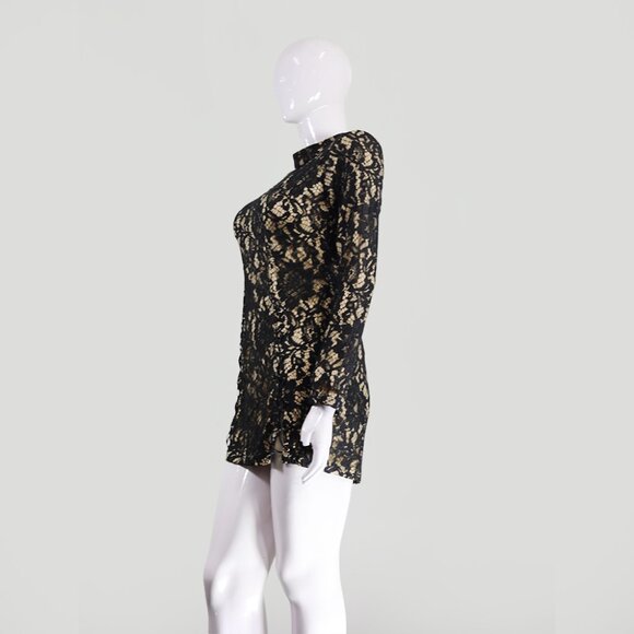 Elegant Black Gold Lace Mini Dress, Long Sleeve Bodycon - Picture 2 of 6